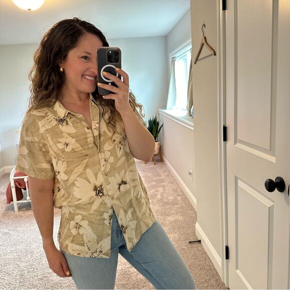 Vintage Liz Claiborne Neutral Floral Silk Blouse Large - Picture 3 of 10